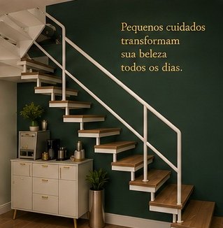 Escada com parede verde e a frase Pequenos cuidados transformam sua beleza todos os dias