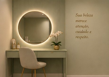 Penteadeira com espelho iluminado e orquídea