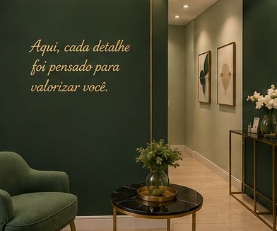 Área de espera com poltrona verde e mesa com flores